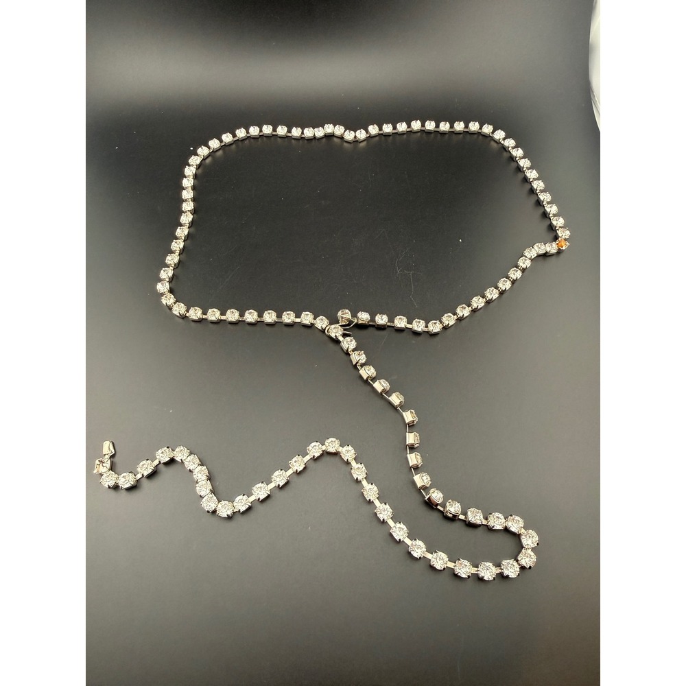 Vintage Rhinestone Lariat Necklace Silver Tone Long 45 Inch Crystal Strand